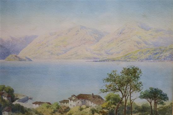 Claude Rowbotham (1864-1949), watercolour, Italian lake scene with figures on a terrace, signed and dated 1893, 20 x 48cm